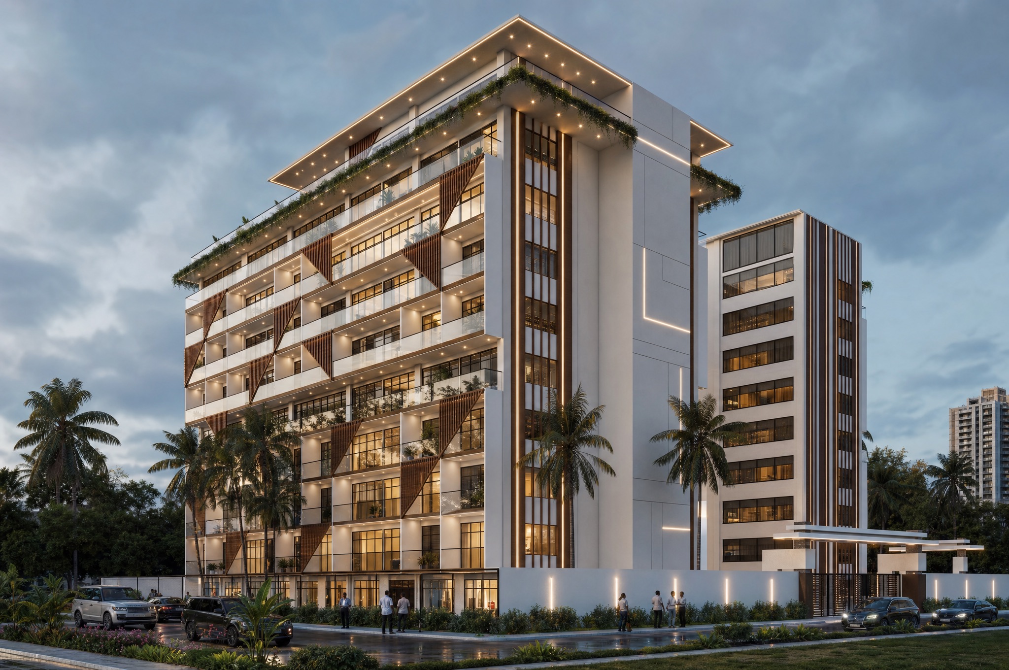 Angled evening view of Labadi Beach Apartments